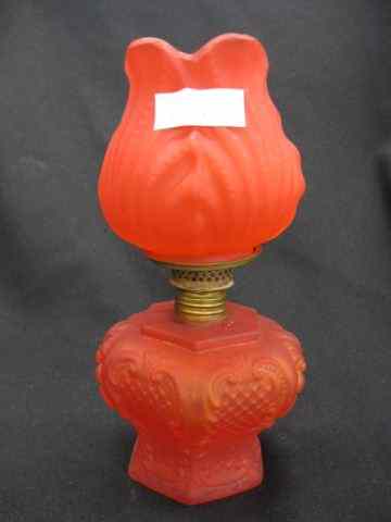 Appraisal: Victorian Miniature Art Glass Oil Lamp red satin glass matching