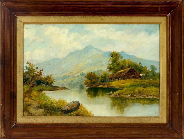 Appraisal: Continental School th Century Mountainous River Landscape with Cottage oil