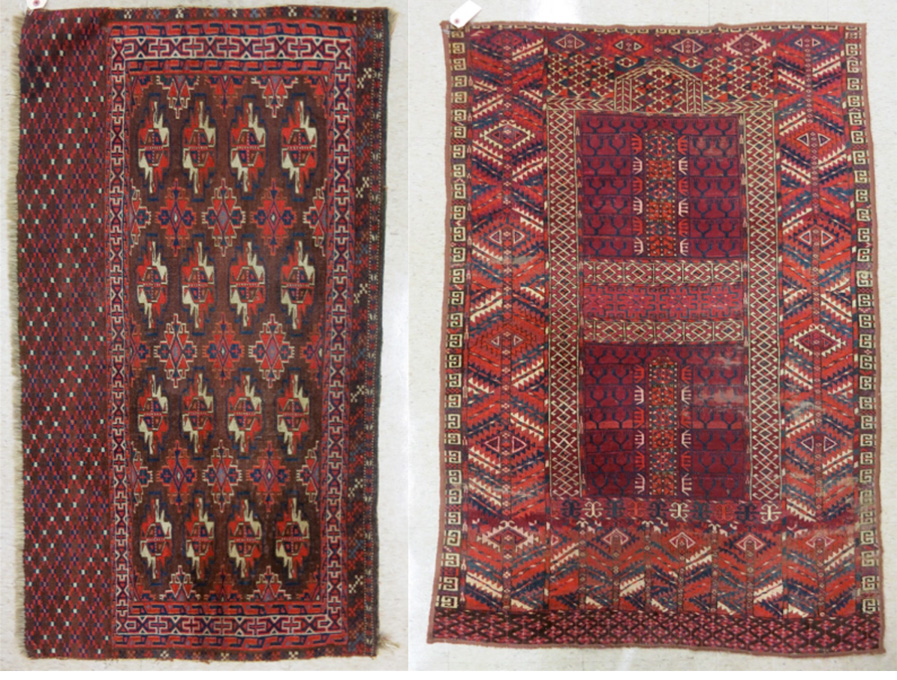 Appraisal: TWO SEMI-ANTIQUE TURKOMAN WEAVINGS ' X ' Pendeh Chuval and