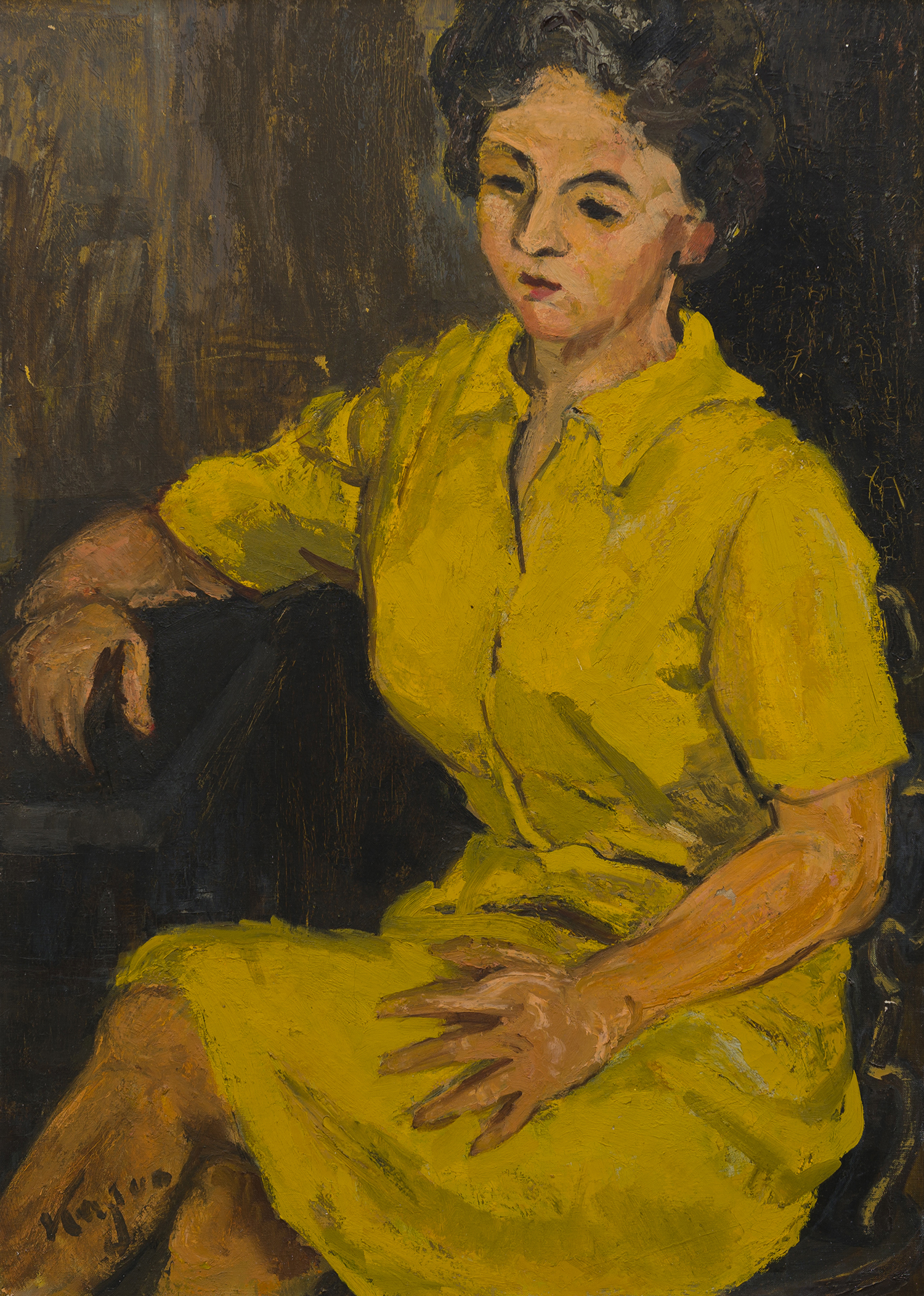 Appraisal: ARTIST UNKNOWN Lady in Yellow Dress oil on canvas x