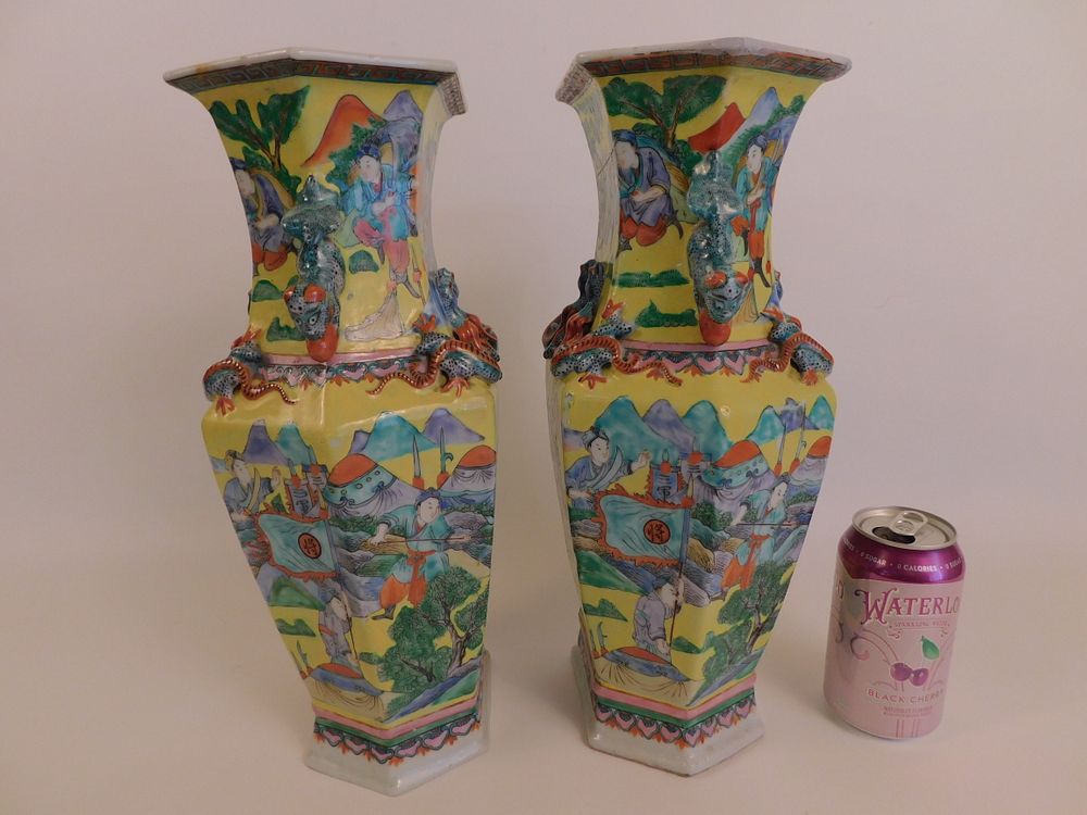 Appraisal: PAIR CHINESE VASES WITH WARRIORS Pair of large antique Chinese