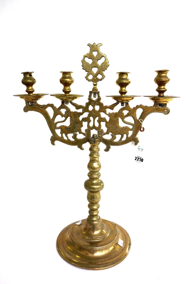 Appraisal: A matched pair of German four light brass candelabra th