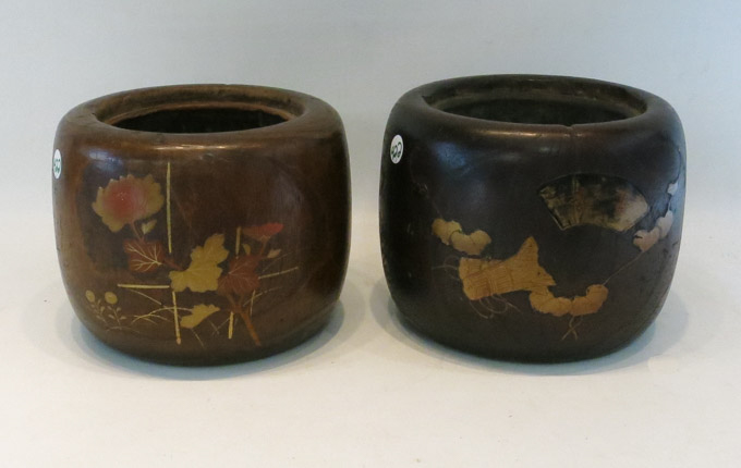 Appraisal: TWO JAPANESE INLAID WOOD PLANTERS with mixed metal inlay depicting