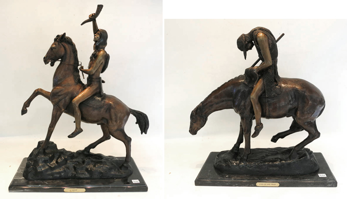 Appraisal: TWO BRONZE PATINATED SCULPTURES depicting American Indian figures on horseback