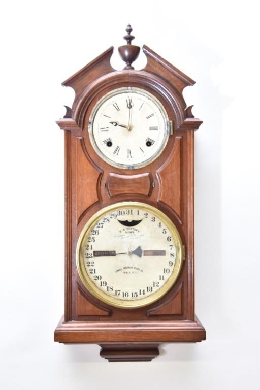 Appraisal: Ithaca double dial walnut calendar wall clock with H B