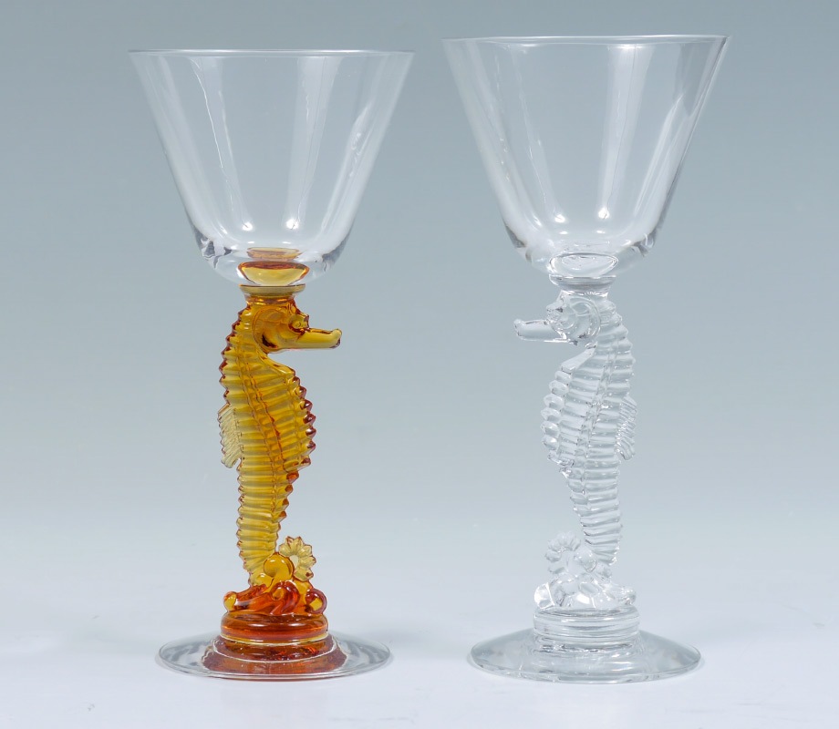 Appraisal: HEISEY SEAHORSE COCKTAIL GLASSES Figural seahorse stems amber clear Signed