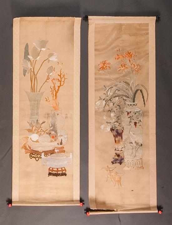 Appraisal: Two Chinese embroidered scrolls floral still lifes with vases each