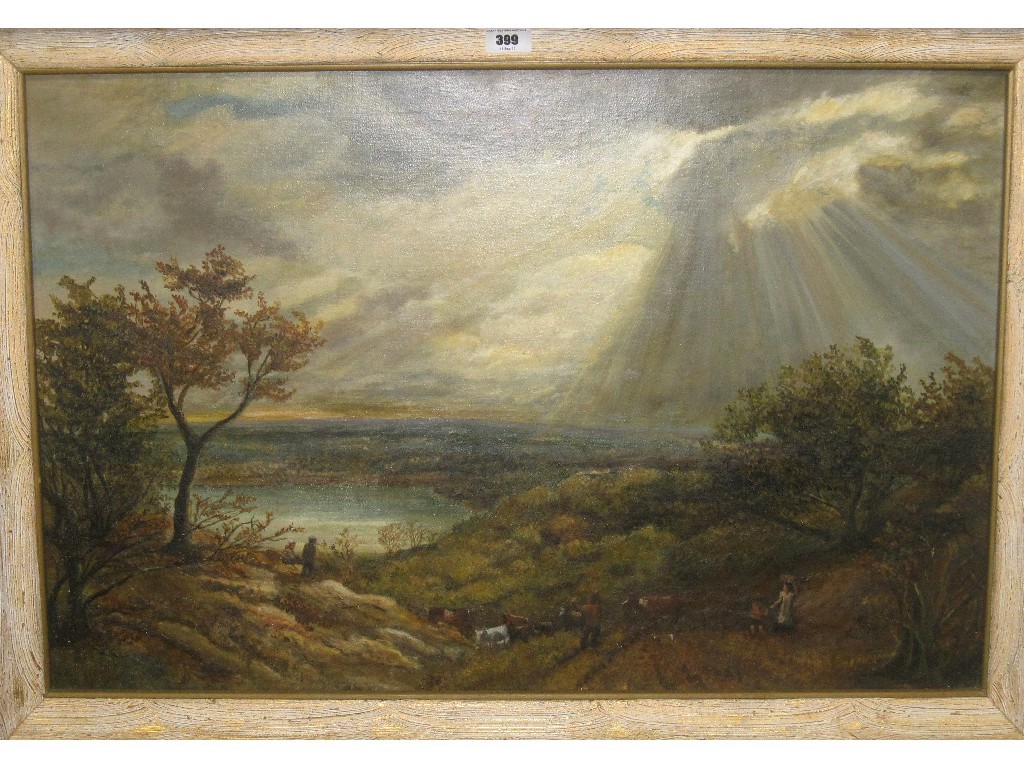 Appraisal: J F ROBINSON Oil on canvas landscape with figures and