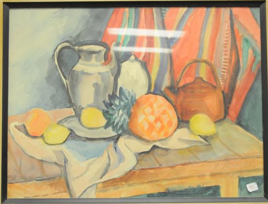 Appraisal: Watercolor on paper still life of fruit teapot and pitcher