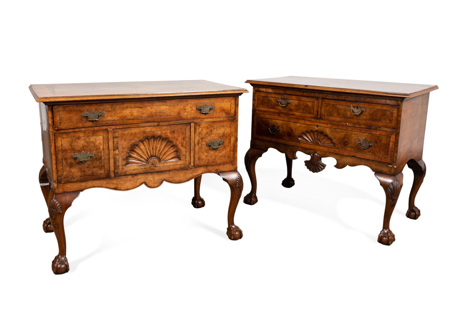 Appraisal: TWO TH C CHIPPENDALE STYLE BURLWOOD LOWBOYS Two similar English