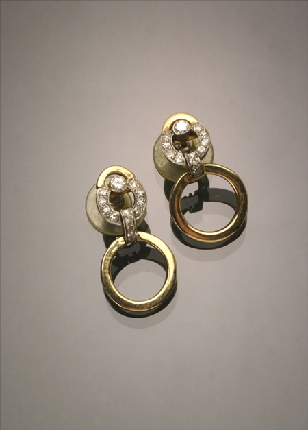 Appraisal: Pair of Tested -Karat Yellow-Gold Platinum and Diamond Pierced Earrings