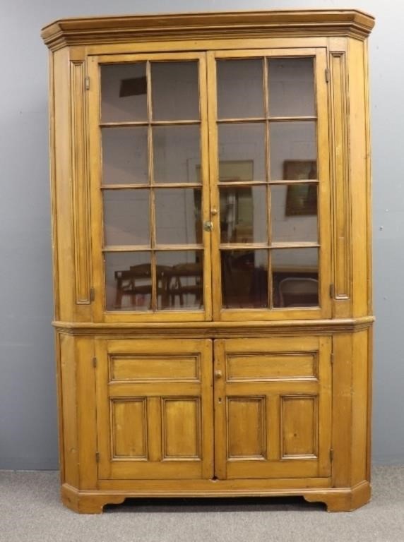 Appraisal: One piece pine barrel back corner cupboard circa with two