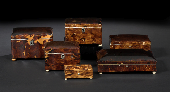 Appraisal: English Serpentine-Edged Tortoiseshell Dome-Lidded Tea Caddy fourth quarter th century