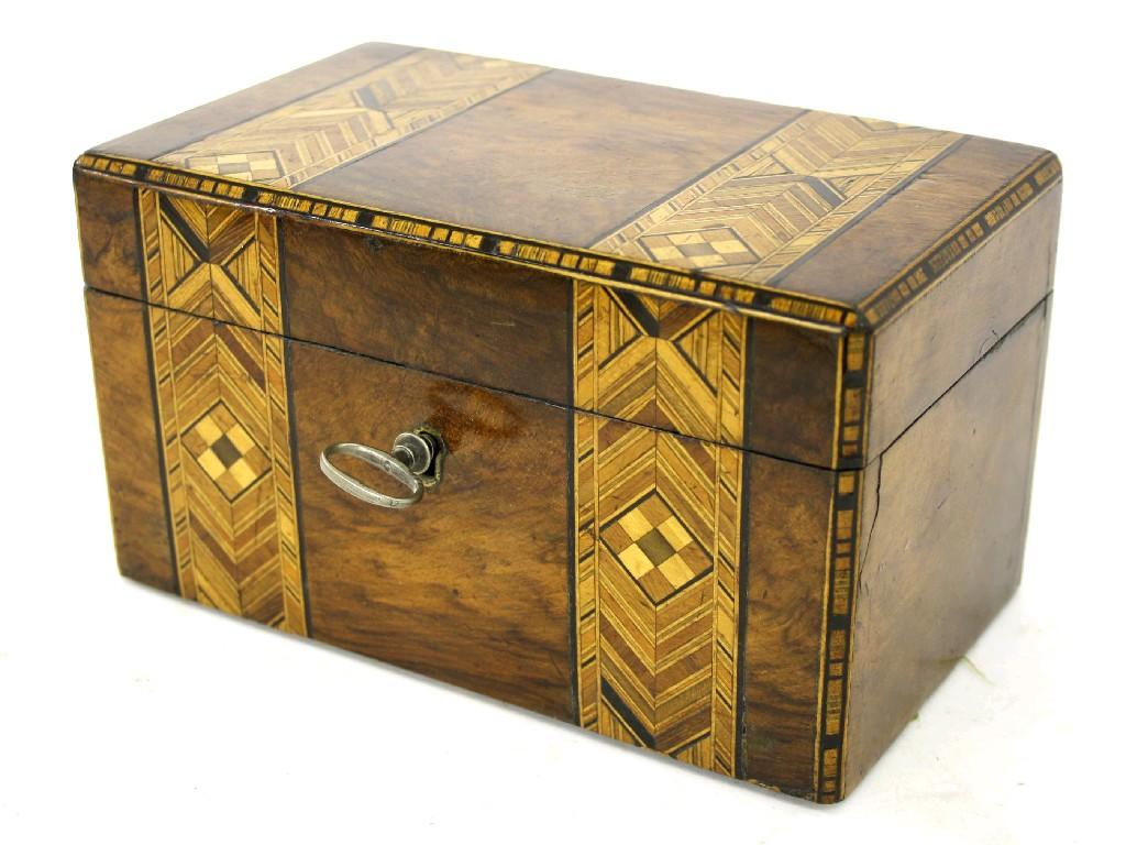 Appraisal: th century walnut rectangular tea caddy inlaid with two parquetry