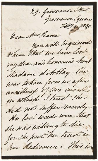 Appraisal: BURNEY Fanny -- Charlotte BARRETT Autograph letter signed from Burney's