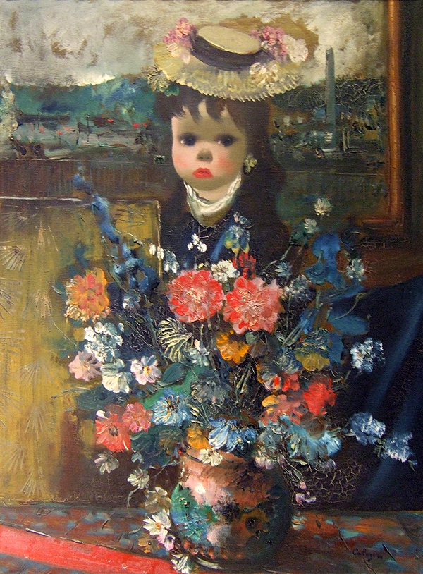 Appraisal: Jean Calogero Italian b Girl with Flowers oil canvas x