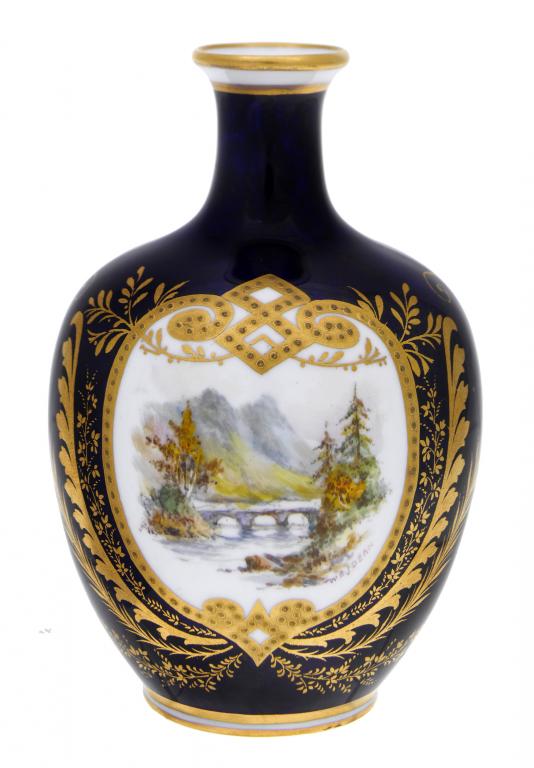 Appraisal: A ROYAL CROWN DERBY SHOULDERED OVIFORM COBALT GROUND VASE painted