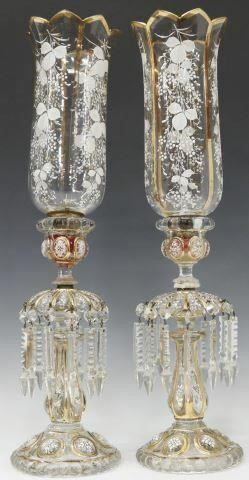 Appraisal: pair Enameled glass mantel luster hurricane candle lamps possibly Baccarat