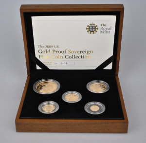 Appraisal: A boxed Royal Mint Gold Proof sovereign five-coin collection -