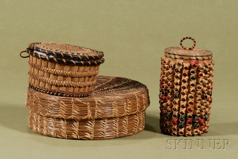 Appraisal: Three Native American Northeast Coast Lidded Baskets early th century