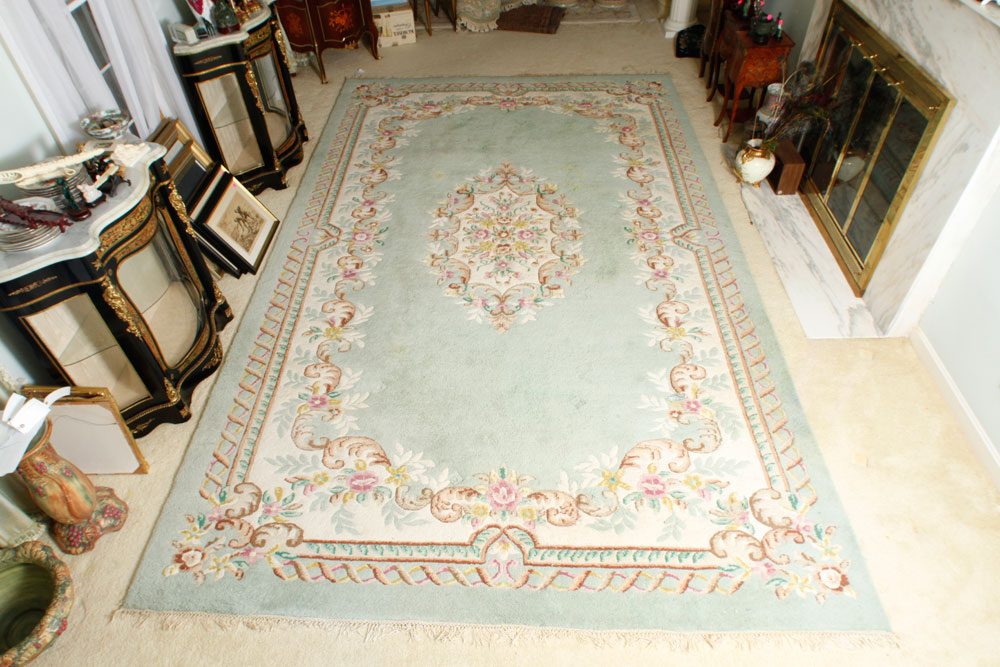 Appraisal: - Indo-Aubusson Style Rug Indo-Aubusson style rug blue ground sculptured