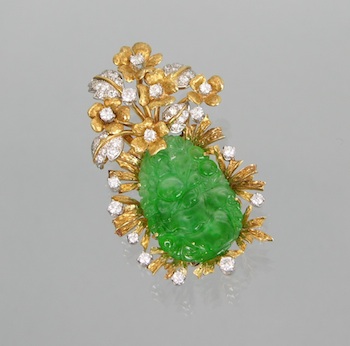 Appraisal: A Fine Jadeite and Diamond Brooch by Dominick From a