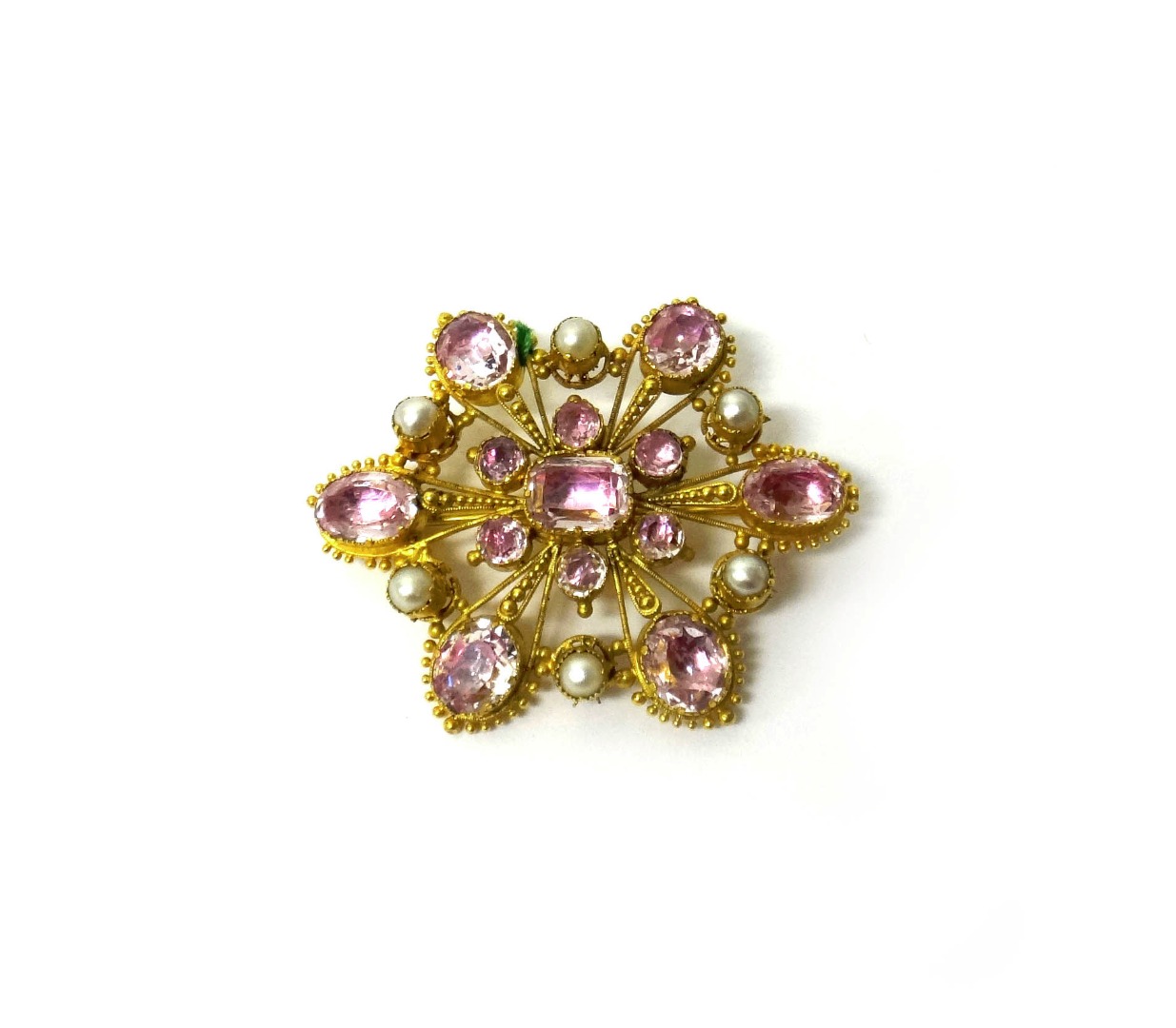 Appraisal: A gold foil backed pink gem and cultured pearl set