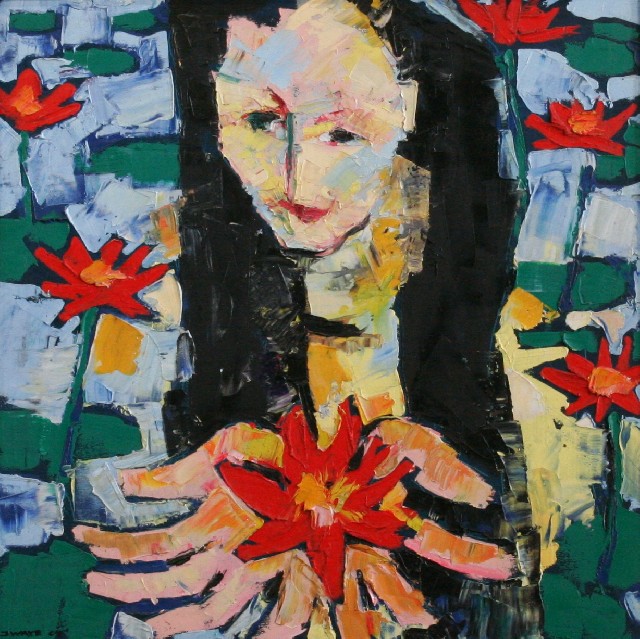 Appraisal: J Waye Girl with flowers oil on canvas signed LLC