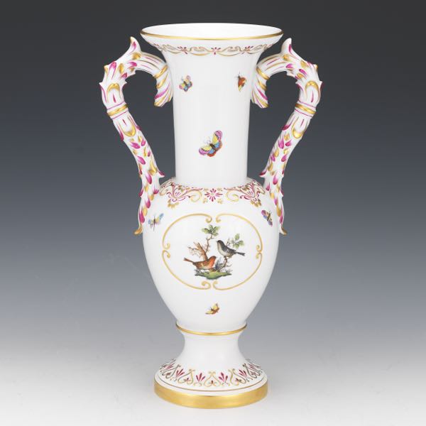 Appraisal: HEREND DOUBLE HANDLED PORCELAIN VASE H x Hand-painted porcelain double