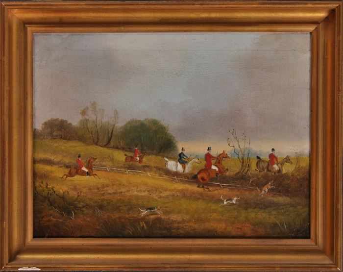 Appraisal: ENGLISH SCHOOL A PAIR OF FOX HUNT SCENES Oil on