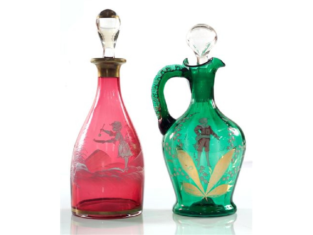 Appraisal: VICTORIAN MARY GREGORY CRANBERRY GLASS DECANTER with gilt-banded clear stopper