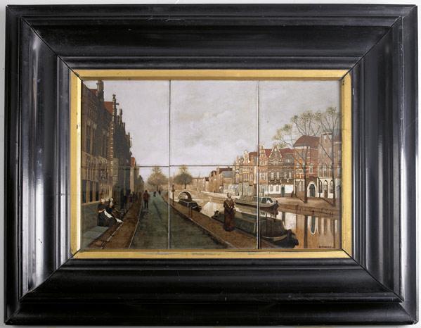 Appraisal: ROZENBURG Six-tile panel finely painted with a Dutch canal scene