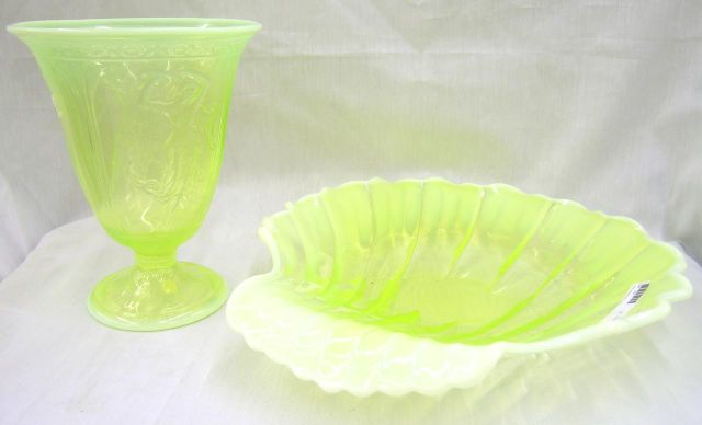 Appraisal: Two Victorian Opalescent Vaseline glass items including shell motif platter