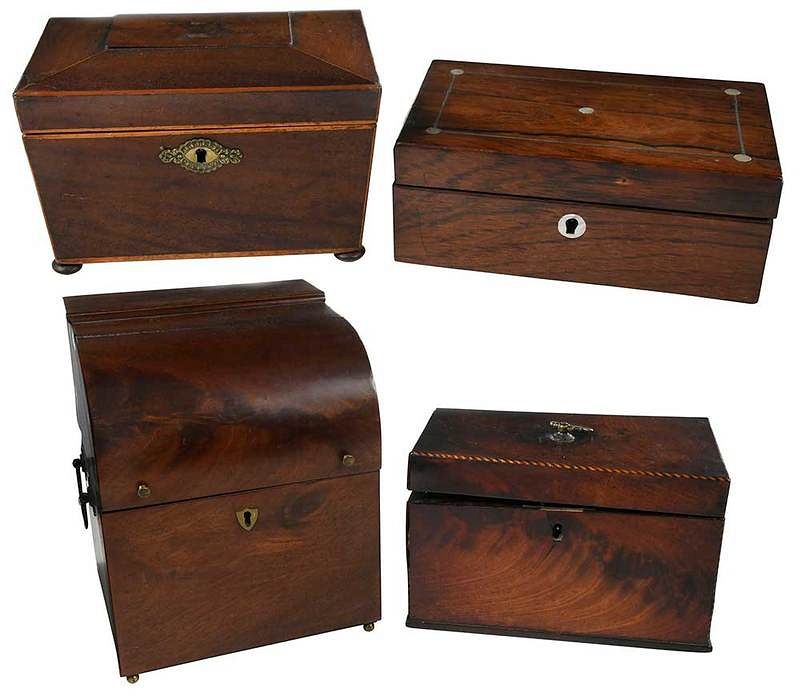 Appraisal: Three Mahogany Tea Caddies and Bottle Box British th th