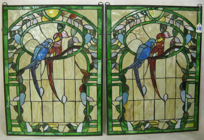 Appraisal: PAIR STAINED AND LEADED GLASS PICTORIAL WINDOW PANELS Each having