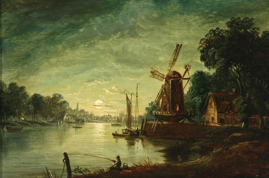 Appraisal: Dutch School th Century Moonlit Estuary Scene with Windmill Unsigned