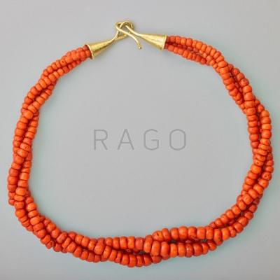 Appraisal: RED CORAL THREE STRAND K GOLD TORSADE NECKLACE Graduated beads