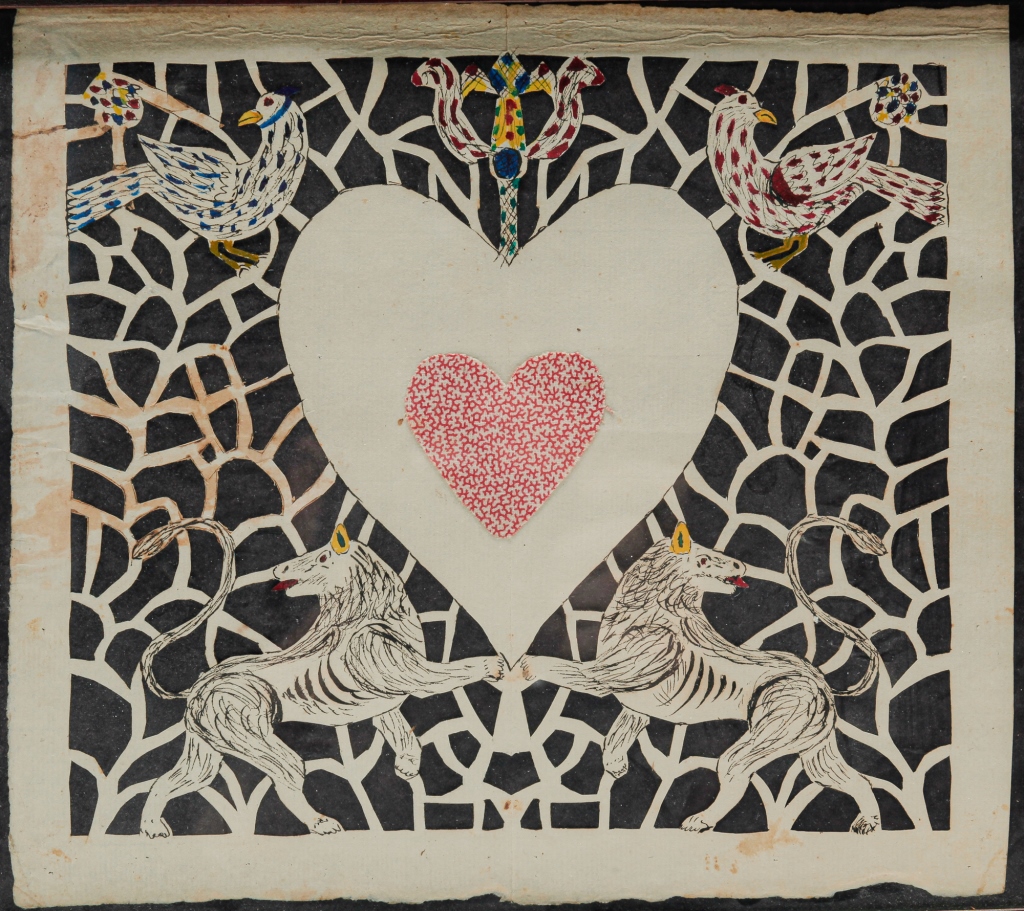 Appraisal: PENNSYLVANIA VALENTINE SCHERENSCHNITTE Ca Paper cut out with lions tulips