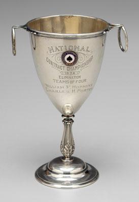 Appraisal: Sterling bridge trophy urn form with ring handles acanthus stem