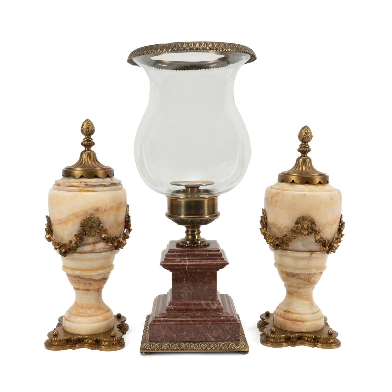 Appraisal: PCS ONYX MARBLE URNS HURRICANE Three piece decorative group comprising