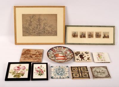 Appraisal: An interesting group of watercolours and Minton tiles decorated by