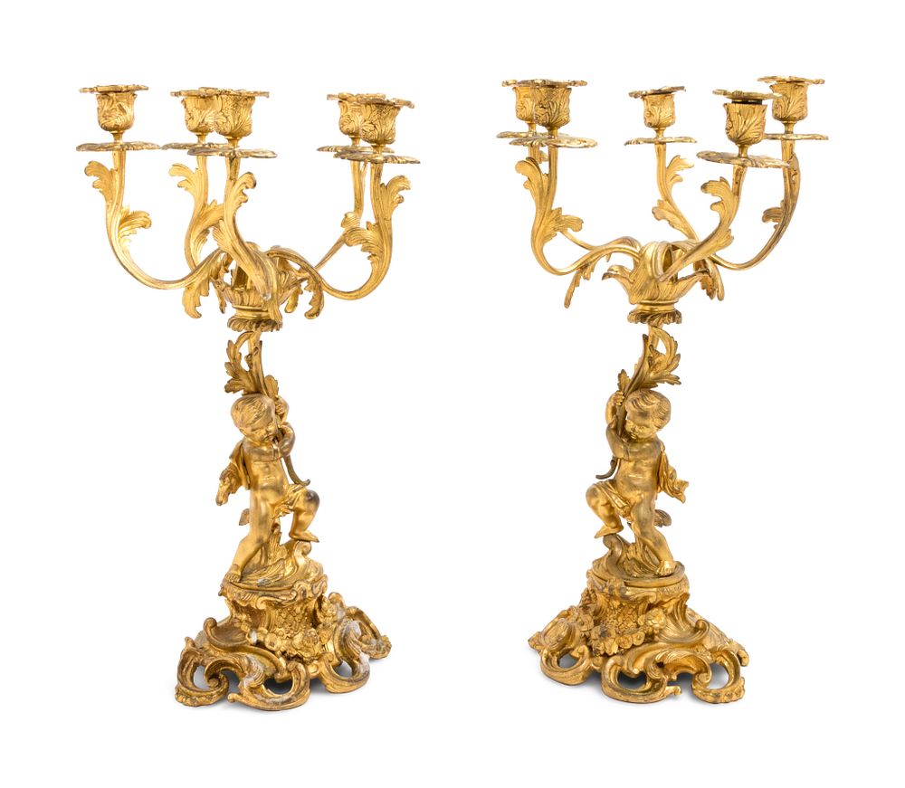 Appraisal: A Pair of Louis XV Style Gilt Bronze Five-Light Figural