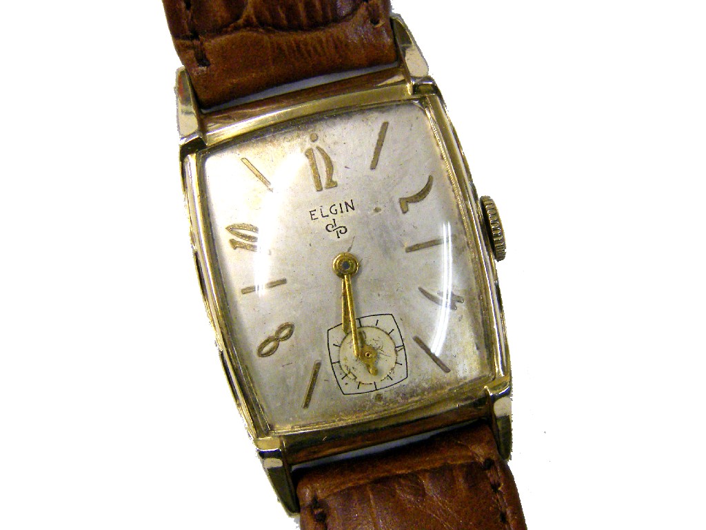 Appraisal: Elgin gold plated rectangular gentleman's wristwatch the silvered dial with