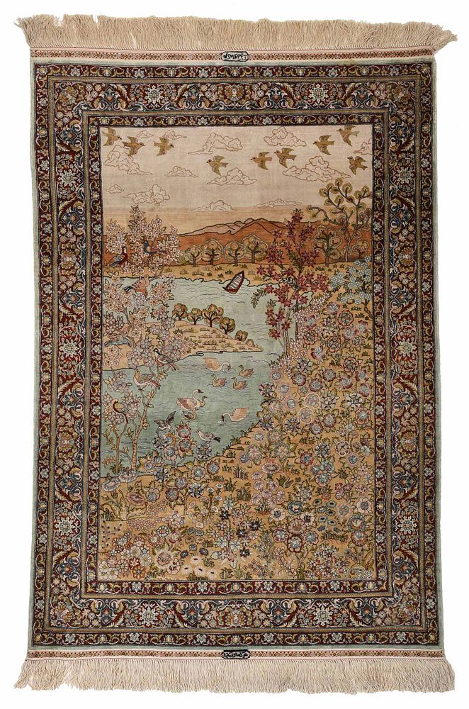 Appraisal: Silk Tabriz Rug th century lakeside scene with waterfowl and