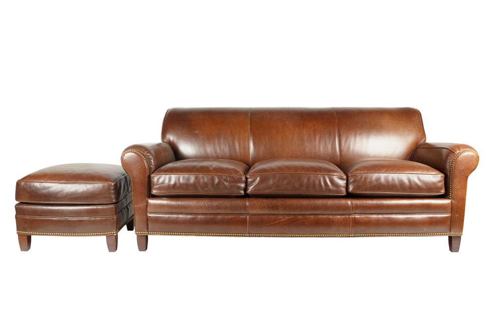 Appraisal: HANCOCK MOORE BROWN LEATHER SOFA OTTOMANwith manufacturer's tag with three