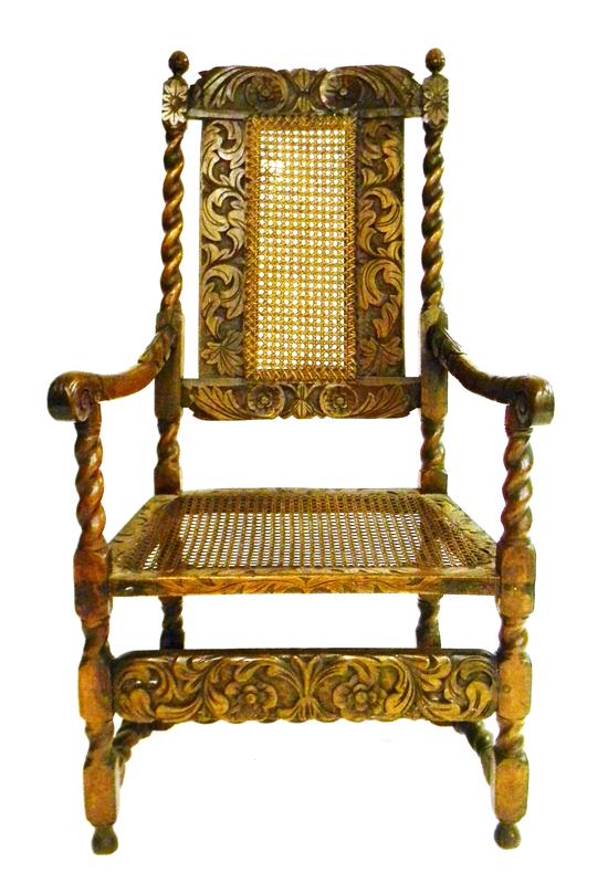 Appraisal: William and Mary armchair English floral carved crest over caned