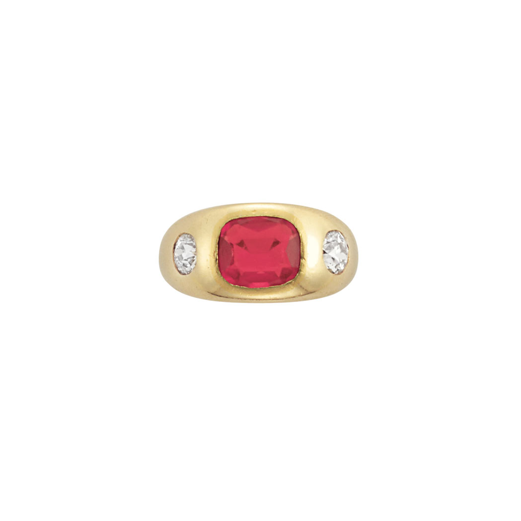 Appraisal: Gold Fire Opal and Diamond Gypsy Ring One cushion-shaped fire