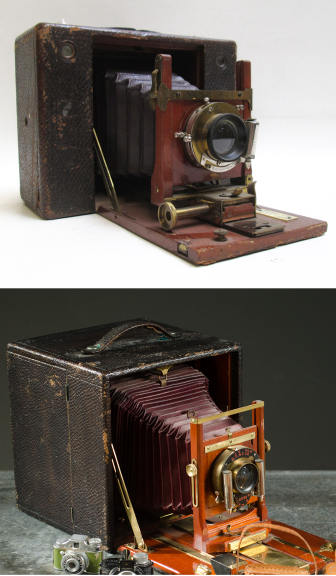 Appraisal: TWO ANTIQUE CAMERAS R O C Co with mahogany interior