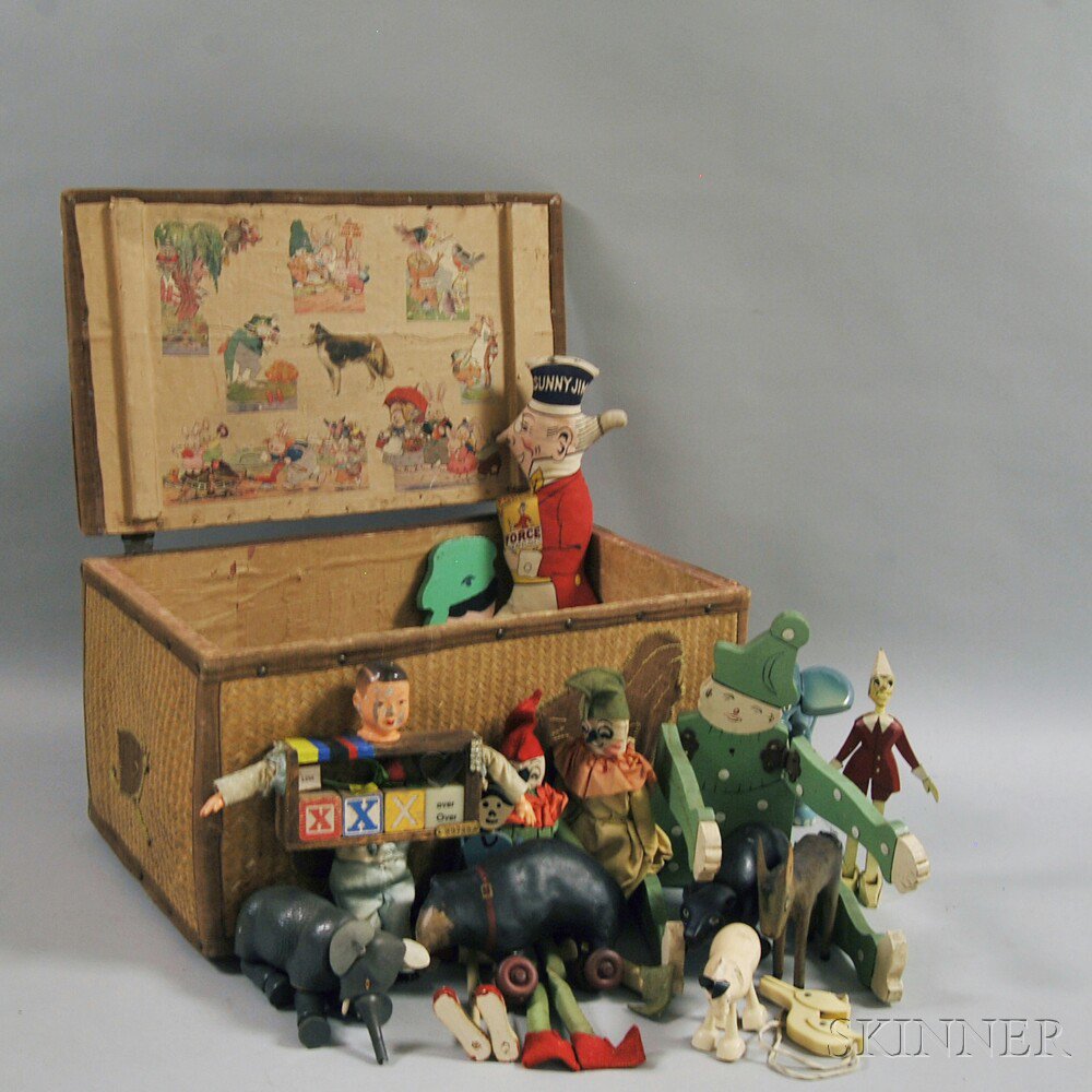 Appraisal: Lift-top Straw Toy Chest with Applied Cloth Elephant and Chickens