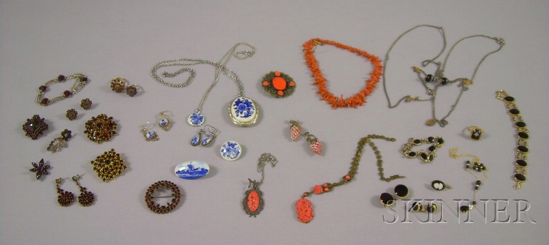 Appraisal: Group of Onyx Garnet Coral and Delft Jewelry including an